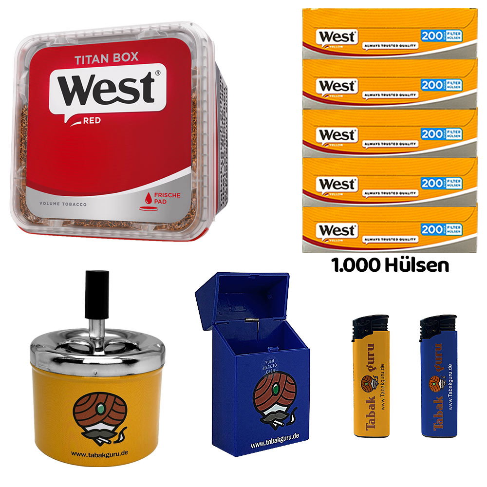 WEST Red/Rot Volumentabak Titan Box à 265g, 1000 Yellow Hülsen, Drehascher, Zubehör