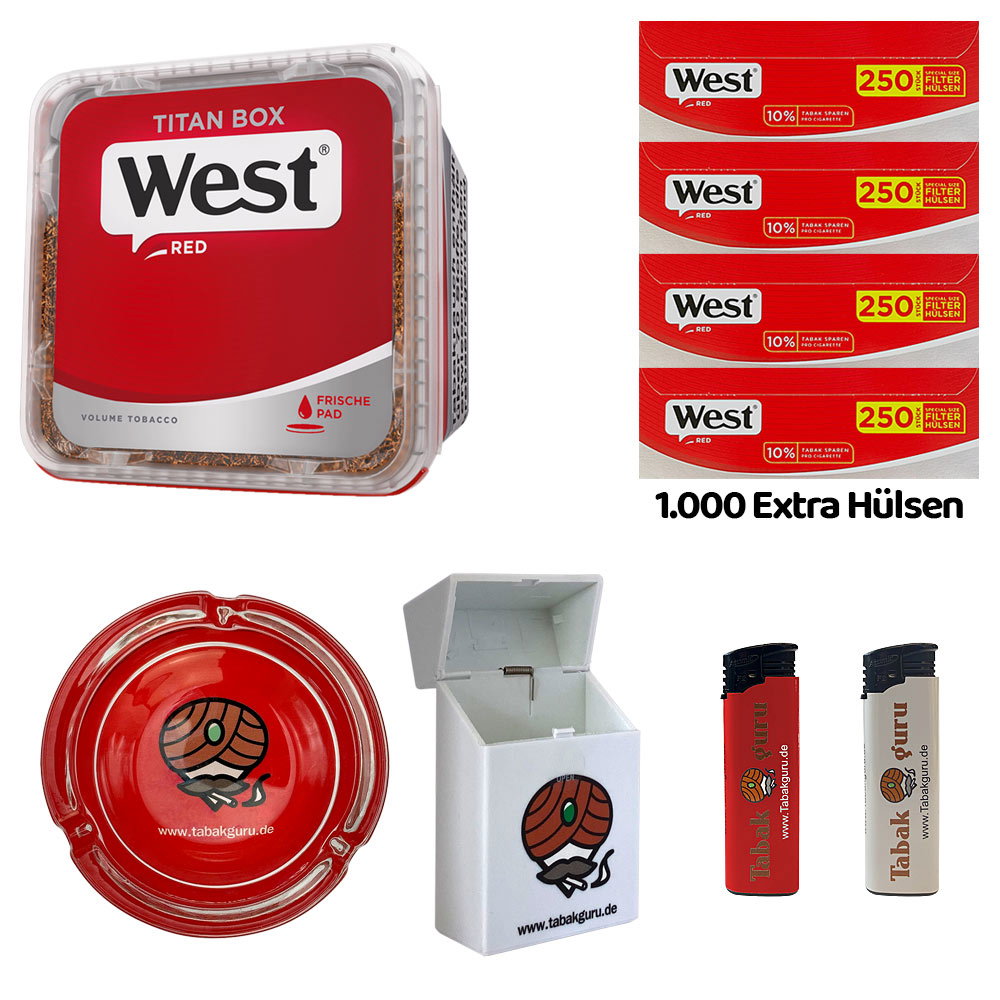 WEST Red/Rot Volumentabak Titan Box à 265g, 1000 Red Extra Hülsen, Glasascher, Zubehör