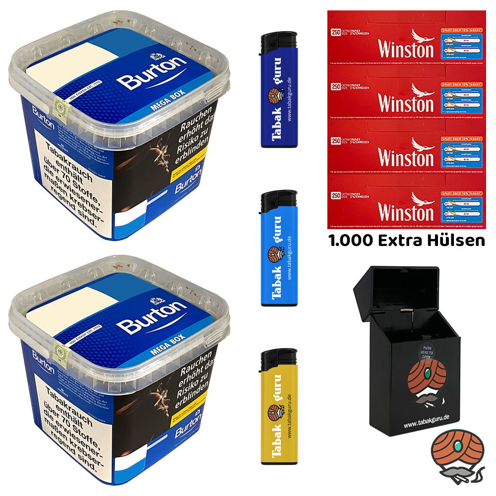 2x Burton Blue / Blau Volumentabak MEGA BOX à 250g, Winston Extra Hülsen, Feuerzeuge, Box