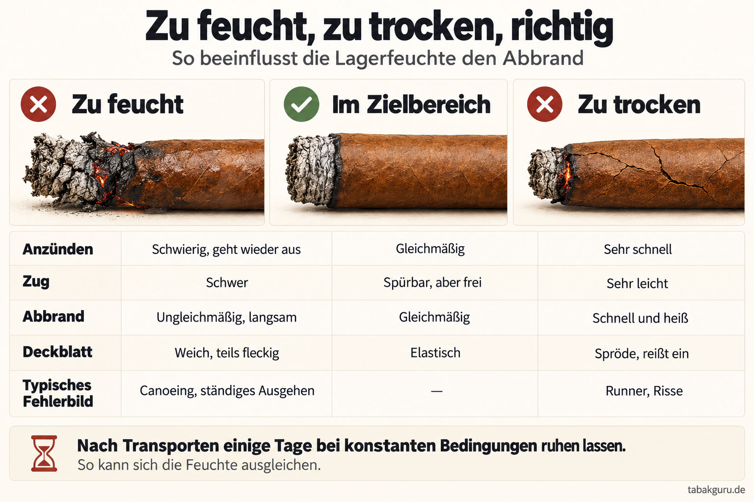 Zigarren im Feuchtigkeitsvergleich: zu feucht, zu trocken und richtig gelagert.