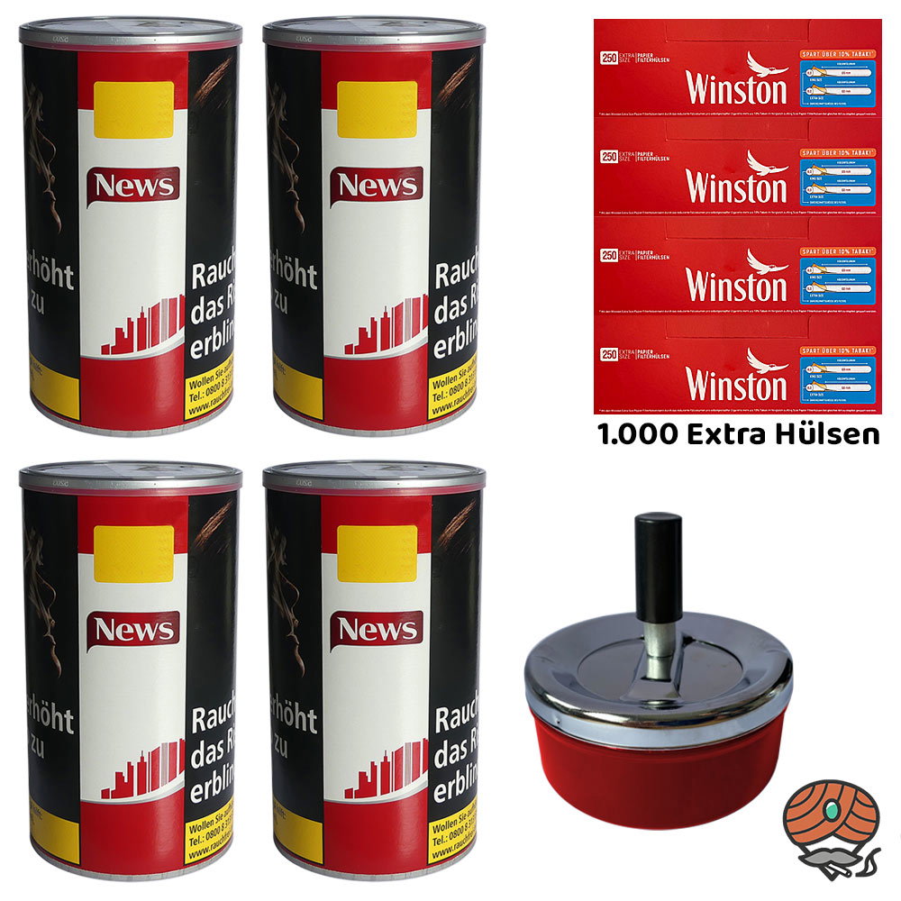 4x News Red / Rot Volumentabak Dose à 100g, Winston Extra Hülsen, Zubehör