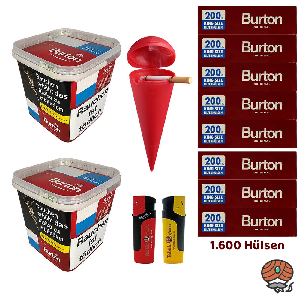 2x Burton Red/Rot Volumentabak MEGA Box à 250g, Hülsen, Strandascher, Feuerzeuge