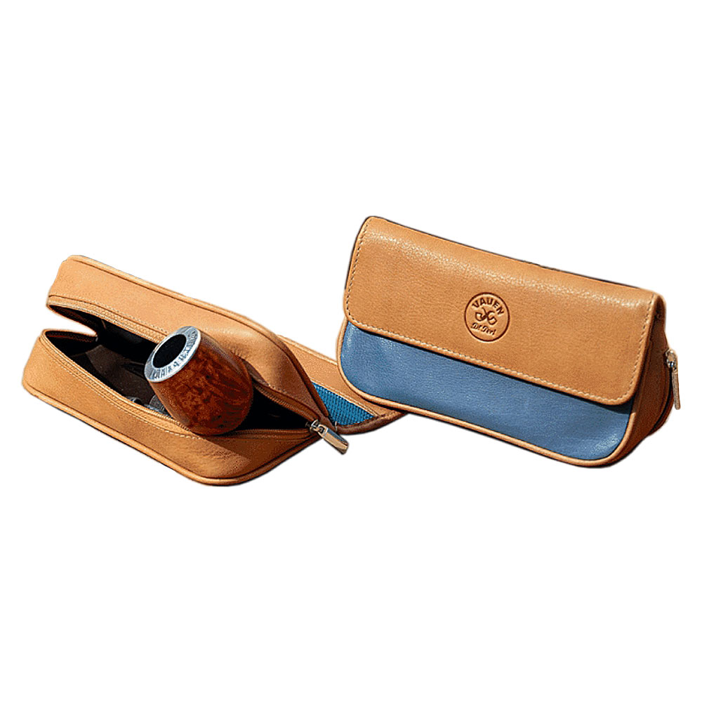 VAUEN Pfeifentasche Easy One (643), Navy (hellbraun-blau), Leder mit Magnetverschluss