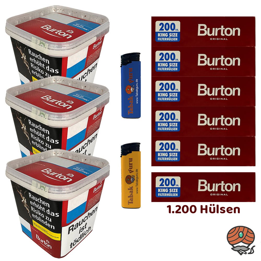 3x Burton Red Volumentabak / Zigarettentabak MEGA Box à 250g, 1200 Hülsen, Feuerzeuge
