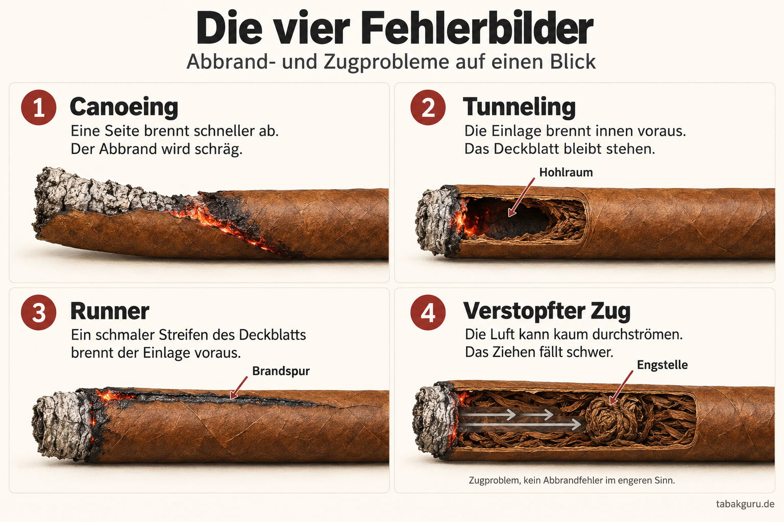 Vier typische Probleme bei Zigarren im Vergleich: Canoeing, Tunneling, Runner und verstopfter Zug.