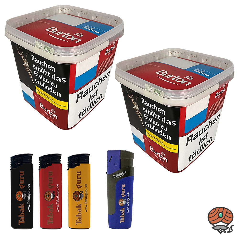 2x Burton Red Volumentabak / Zigarettentabak MEGA Box à 250g, Feuerzeuge