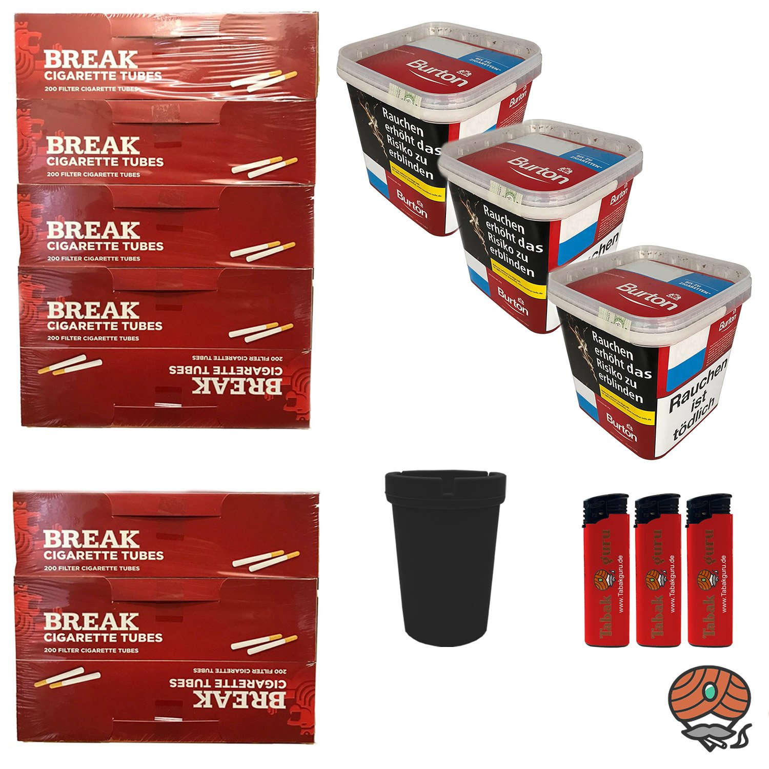 3x Burton Red Volumentabak MEGA Box à 250g, 1600 Hülsen + viel Zubehör