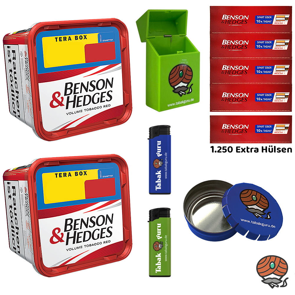 2x Benson & Hedges Red Volumentabak Tera Box à 315g, Extra Hülsen, Ascher, Box, Feuerzeuge
