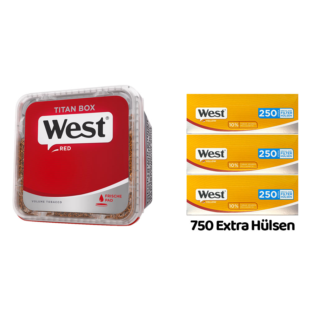 WEST Red/Rot Volumentabak Titan Box à 265g, 750 West Yellow Extra Hülsen