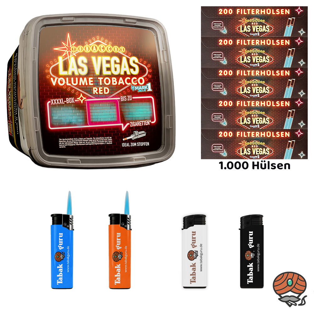 LAS VEGAS RED Volumentabak 500g XXXXL-Box, Hülsen, Feuerzeuge