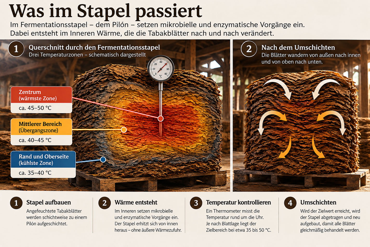 Infografik: Was im Fermentationsstapel passiert – Temperaturzonen und Umschichten des Tabaks