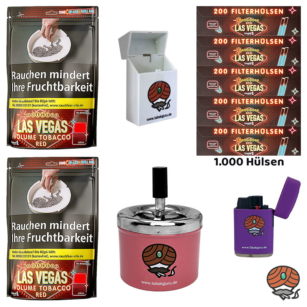 2x LAS VEGAS RED Volumentabak XXL-Beutel à 250g, Hülsen, Drehascher, Feuerzeug, Box
