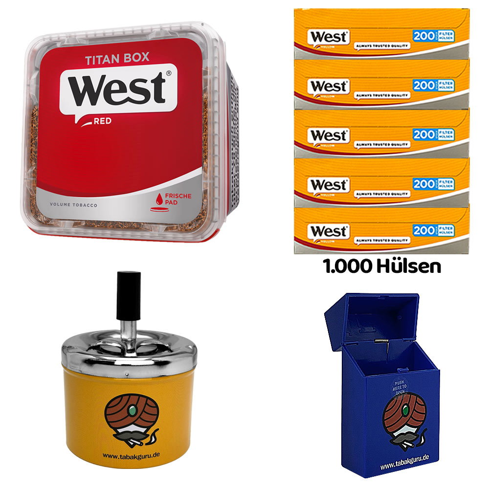 WEST Red/Rot Volumentabak Titan Box à 265g, 1000 Yellow Hülsen, Drehascher, Box