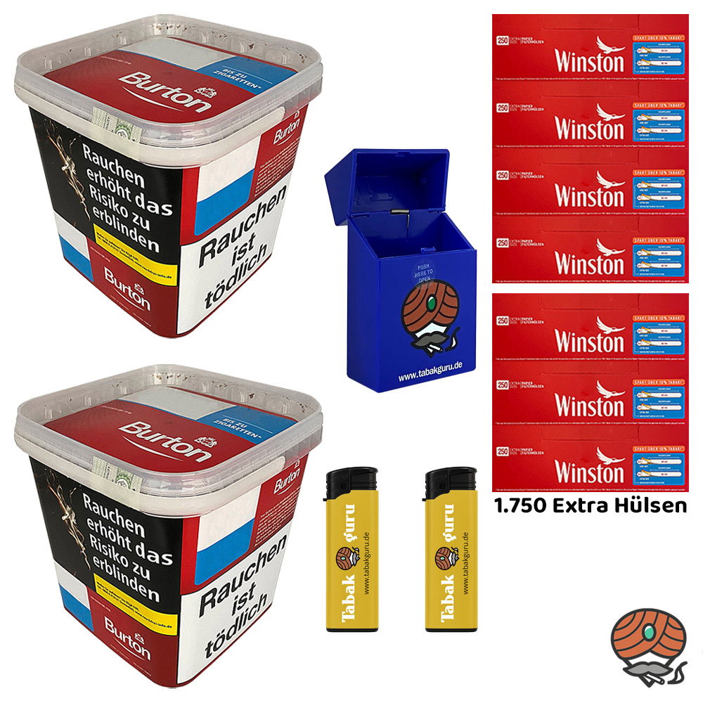 2x Burton Red Volumentabak MEGA Box à 250g, 1750 Winston Extra Hülsen + Zubehör