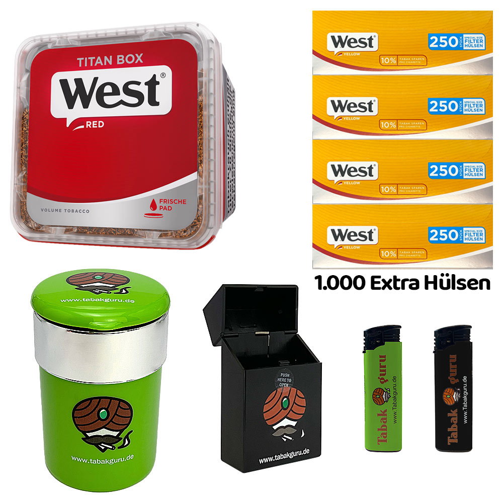 WEST Red/Rot Volumentabak Titan Box à 265g, 1000 Yellow Extra Hülsen, Autoascher, Zubehör